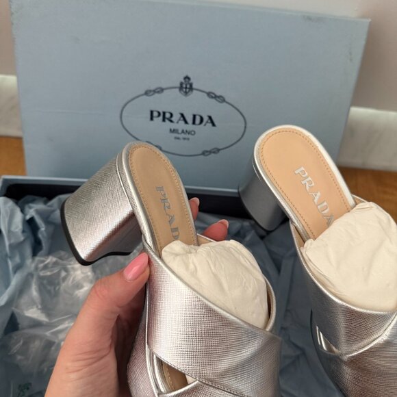 NWT Prada Platform Sandals Metallic Silver Saffiano Leather Crisscross Strap - Picture 6 of 11